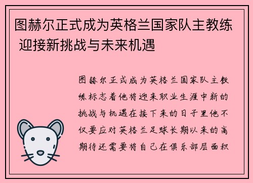 图赫尔正式成为英格兰国家队主教练 迎接新挑战与未来机遇 图赫尔正式成为英格兰国家队主教练 迎接新挑战与未来机遇