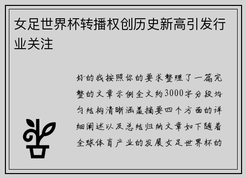 女足世界杯转播权创历史新高引发行业关注